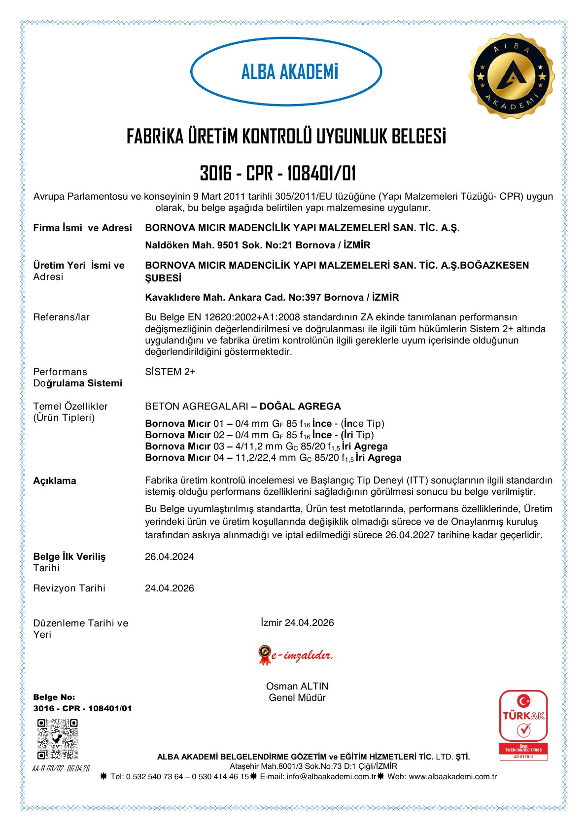 Bornova aggregate EN 12620 CE certificate