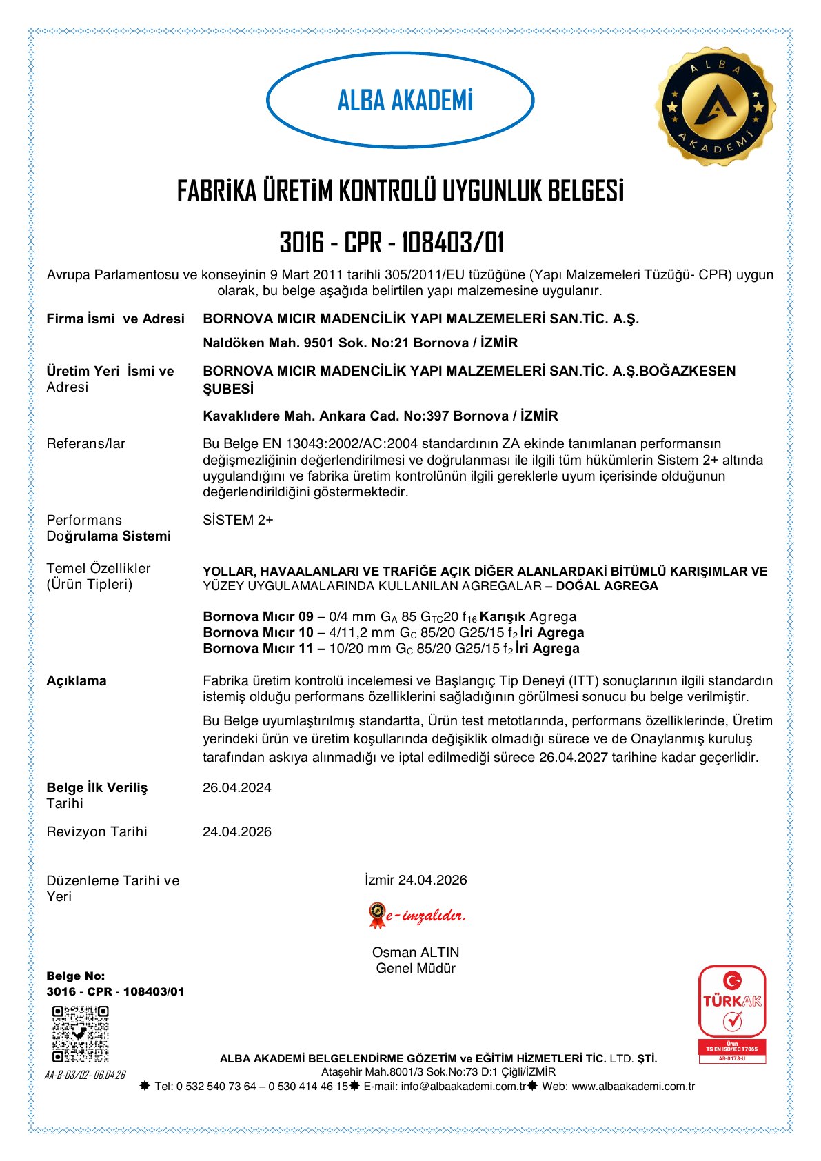 Bornova aggregate EN 13043 CE certificate
