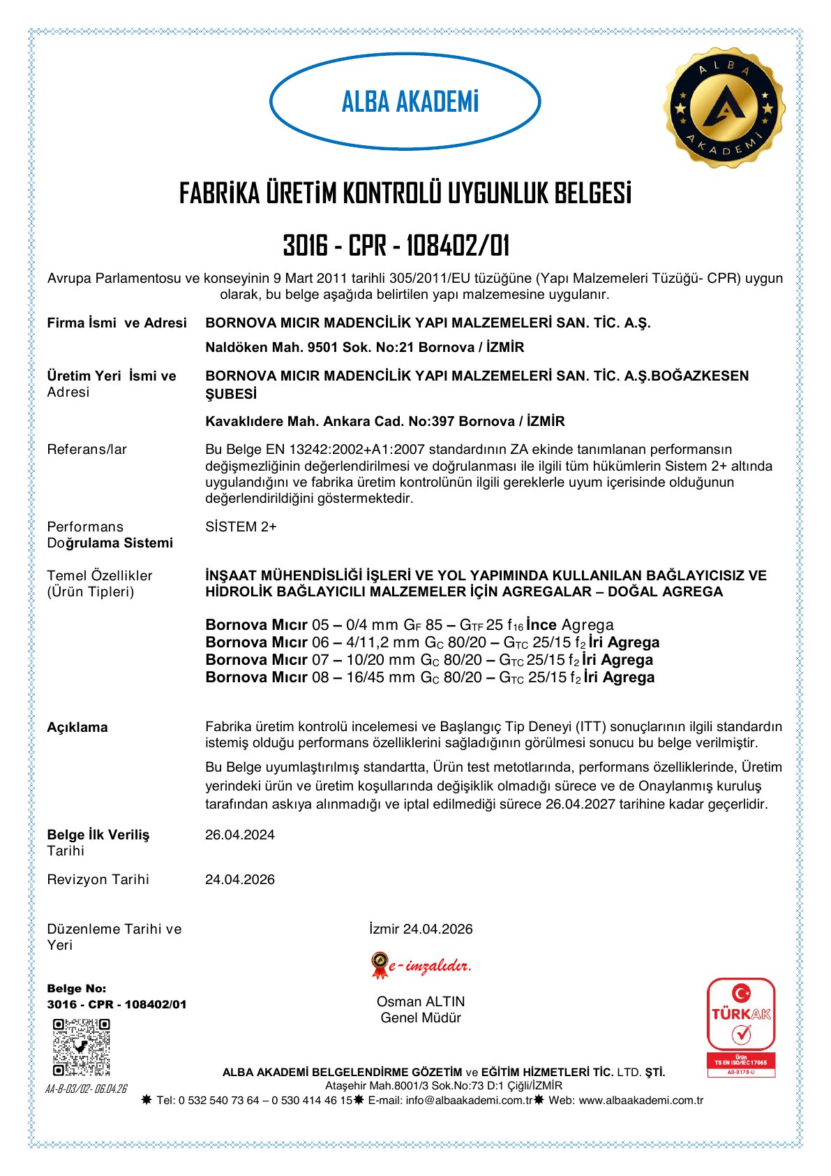 Bornova aggregate EN 13242 CE certificate