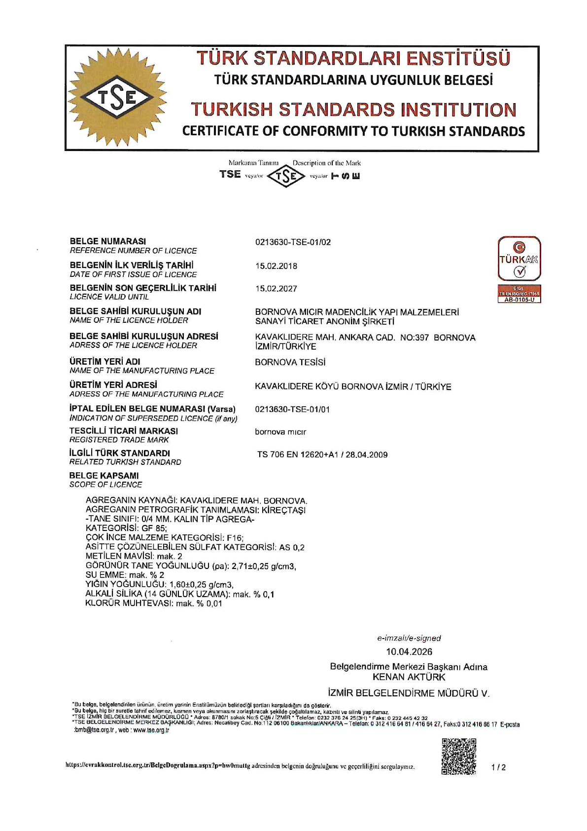 TS 706 EN 12620 A1 TSE certificate