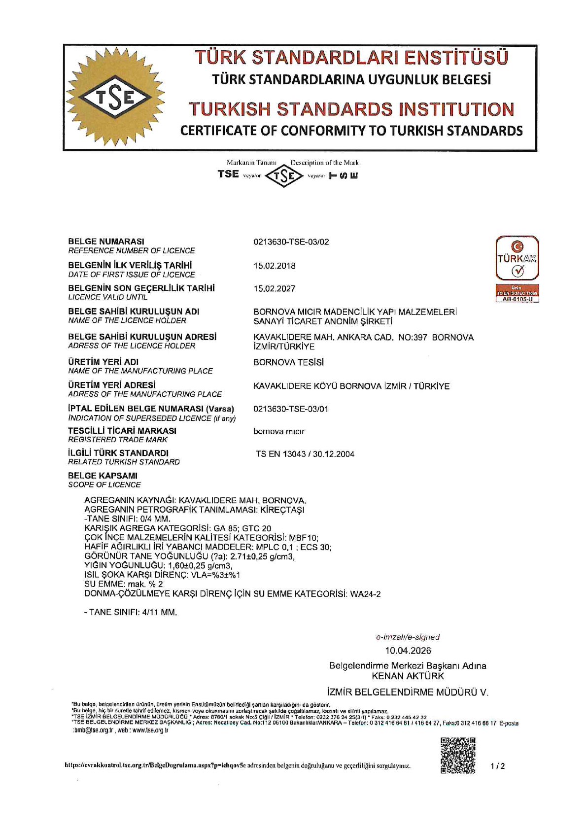 TS EN 13043 TSE certificate