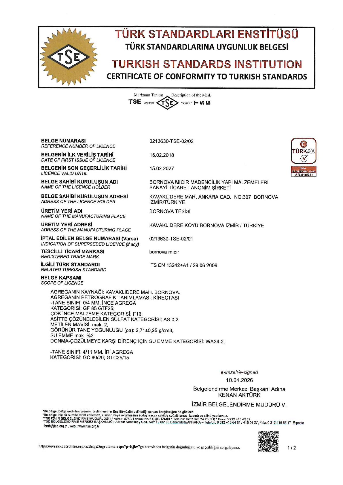 TS EN 13242 A1 TSE certificate