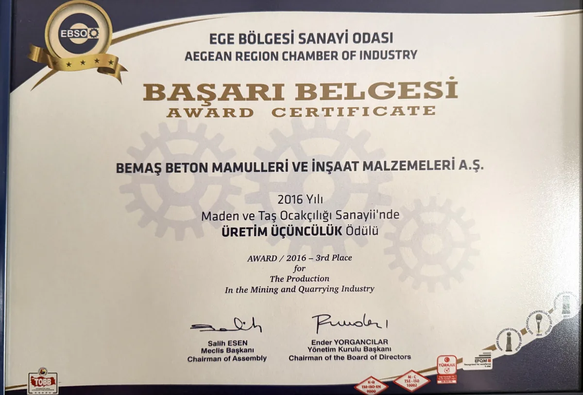 2016 EBSO mining and quarrying industry production third place award certificate