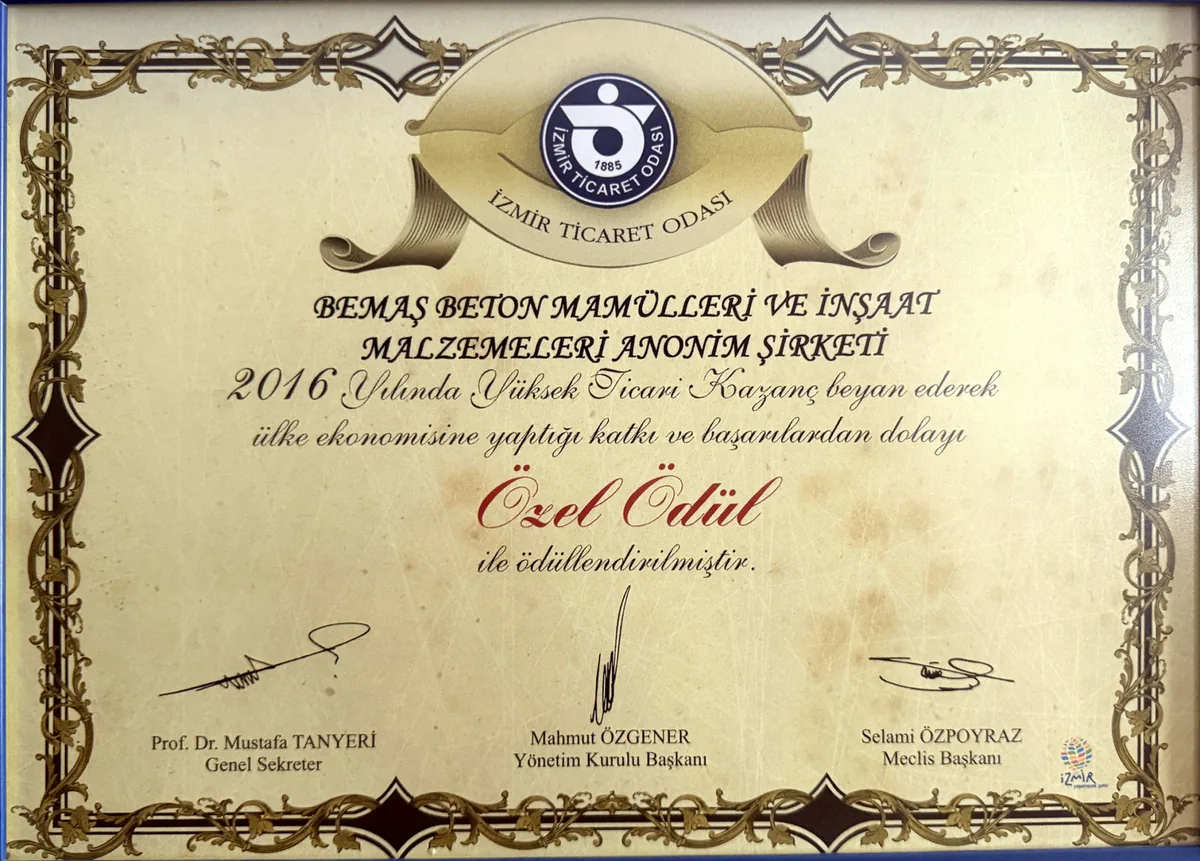 2016 Izmir Chamber of Commerce special award certificate