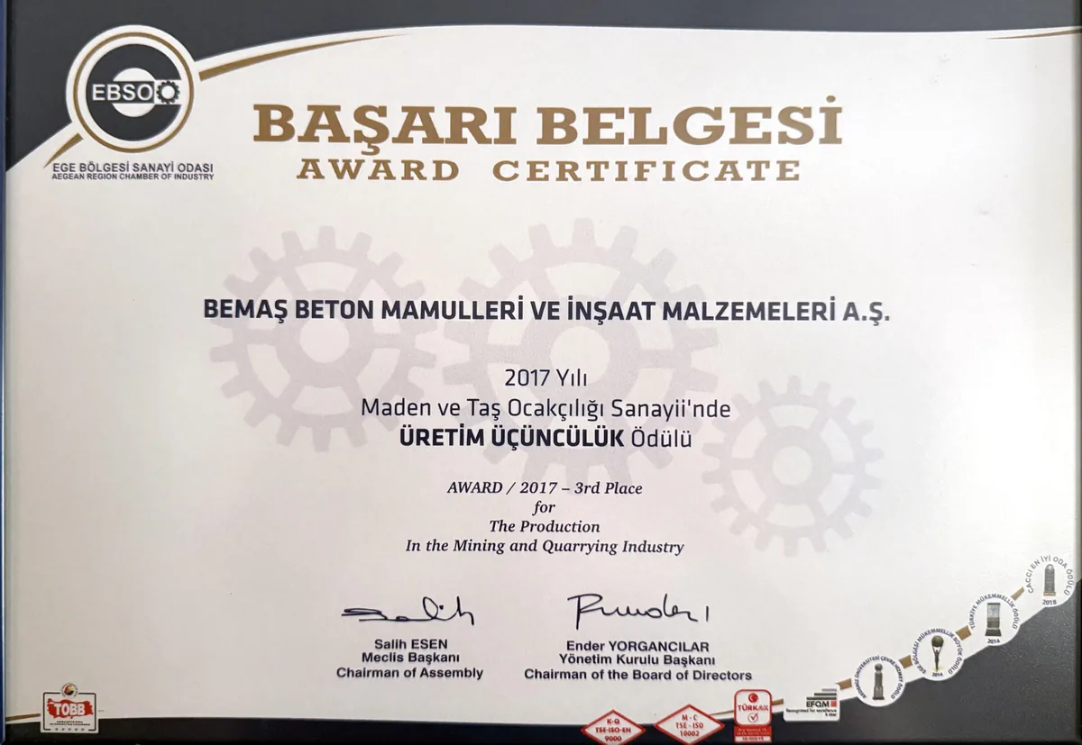 2017 EBSO mining and quarrying industry production third place award certificate