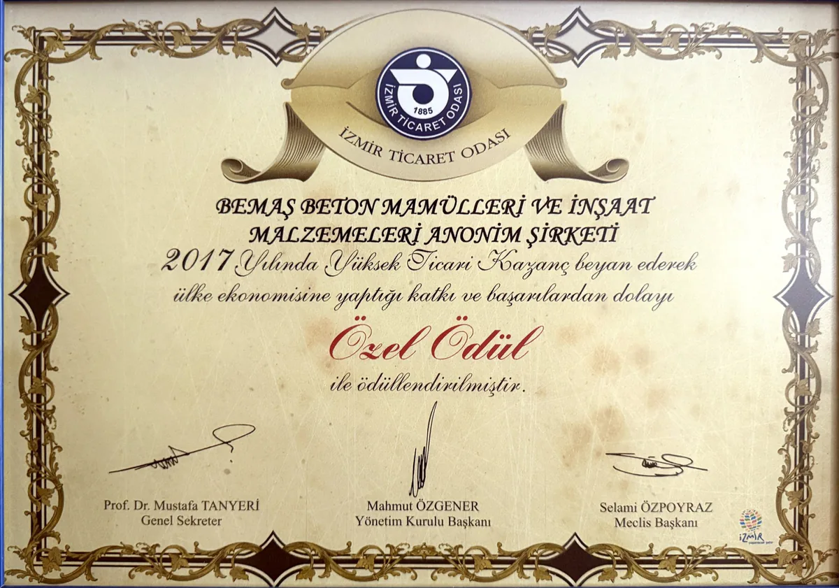 2017 Izmir Chamber of Commerce special award certificate
