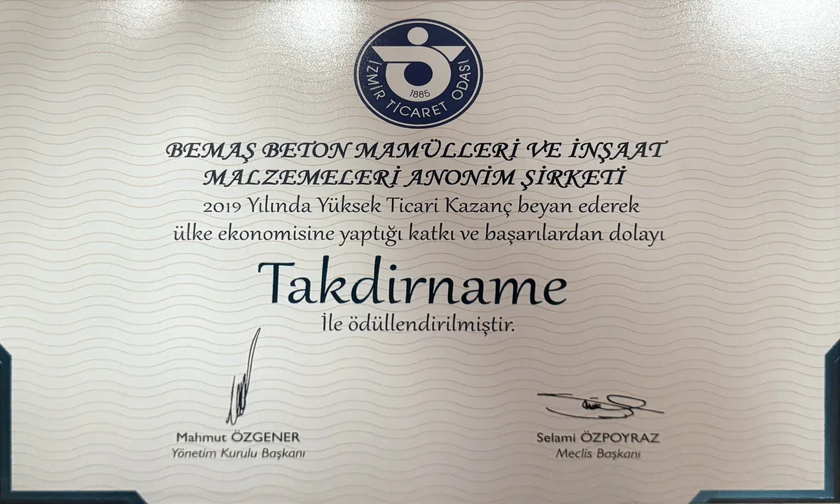 2019 Izmir Chamber of Commerce letter of appreciation