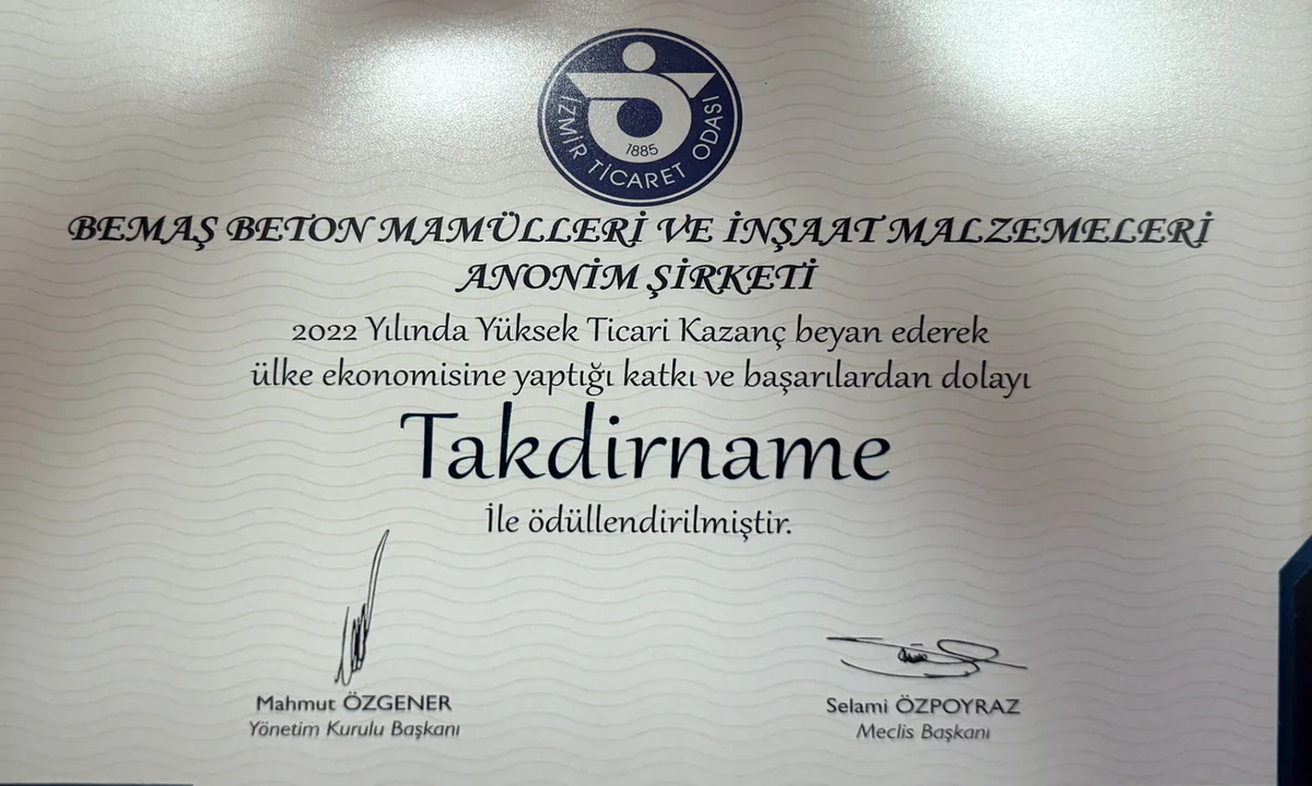 2022 Izmir Chamber of Commerce letter of appreciation